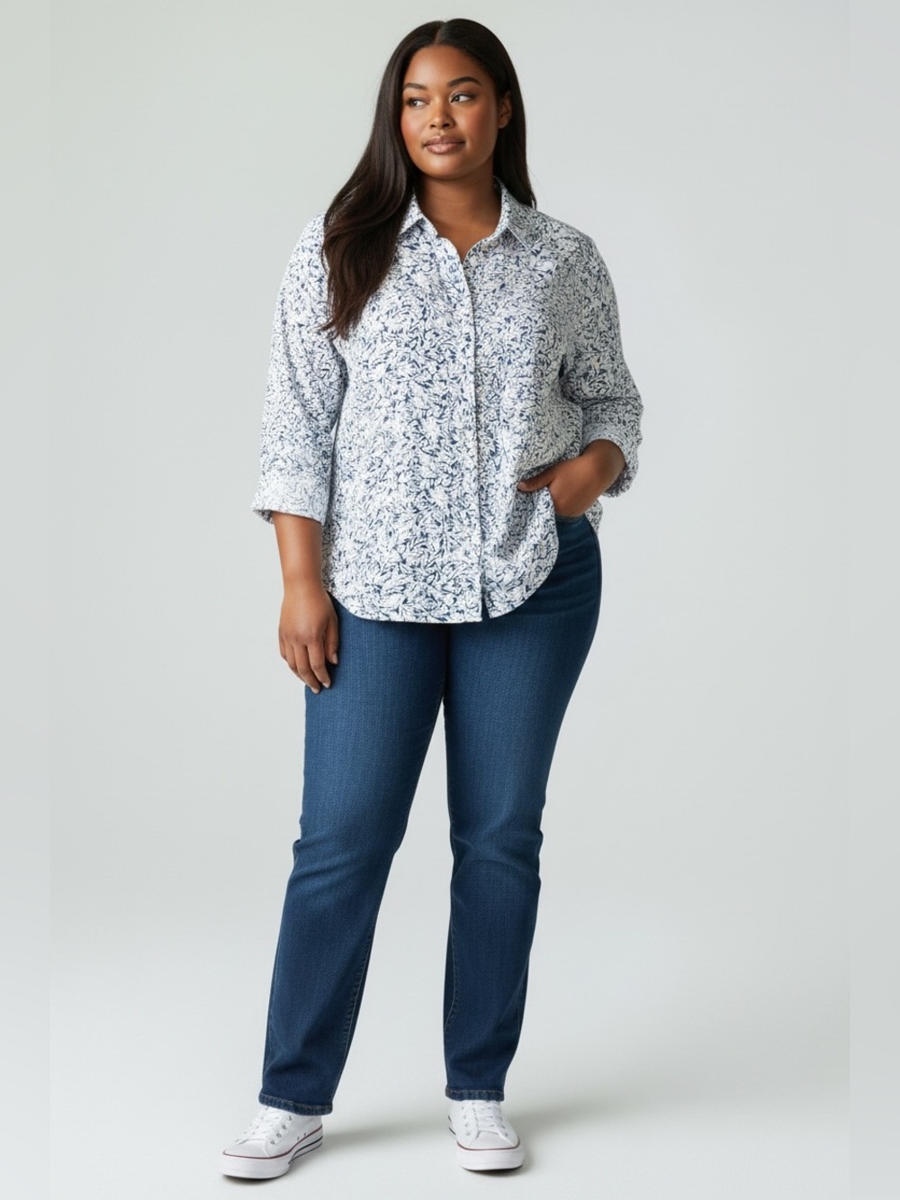 Foxcroft White and Blue Printed Button-Down Shirt